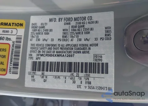 2021 Ford Bronco Sport Big Bend z USA, uszkodzony, nr VIN 3FMCR9B6XMRA12697